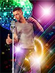 Illustration of 3d man dancing and retro microphone on disco party.