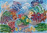 Underwater landscape with coral reef. Abstract acrylic painting.