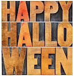 Happy Halloween greeting card -  isolated word abstract in vintage grunge letterpress wood type printing blocks
