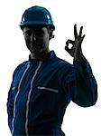 one  man construction worker smiling silhouette portrait okay gesture in studio on white background