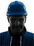 one  man construction worker smiling silhouette portrait in studio on white background