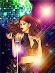 Illustration of a dancing girl with retro microphone and disco ball.