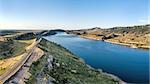 aerial panorama of southern part of the Horsetooth Reservoir near Fort Collins, Colorado, late summer scenery with a trailhead and parking