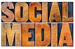 social media word abstract - isolated text in antique wood letterpress printing blocks with ink patina