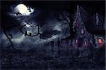 Dark mysterious halloween landscape with an old house.