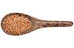 gluten free brown rice grain on a wooden spoon isolated on white