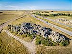 aerial view  of interstate highway I-25 in northern Colorado at Natural Fort, historical and geological landmark