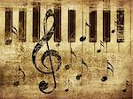 Illustration of grunge retro musical background with music notes and piano.