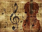 Illustration of grunge retro musical background with music notes and violin.