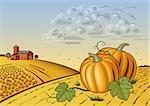 Retro landscape with pumpkins in woodcut style. Editable vector illustration with clipping mask.