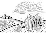 Retro landscape with pumpkins in woodcut style. Editable black and white vector illustration with clipping mask.