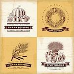 A set of fully editable vintage Thanksgiving labels in woodcut style. EPS10 vector illustration with clipping mask.