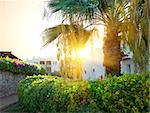 Bright sunrise over resort hotel in Egypt