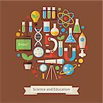 Vector Flat Style Education and Science Objects Concept. Flat Design Vector Illustration. Collection of Chemistry Biology Astronomy Physics and Research Colorful Objects. Set of Back to School Items.