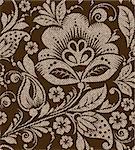 Vector seamless vintage floral pattern. Stylized silhouettes of flowers and berries on the texture on a brown background. beige flowers with gold leaves. Russian vintage ornament