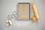 Closeup on tray with uncooked Halloween biscuits  on table in kitchen. Halloween treats ready to go into oven. Upper view