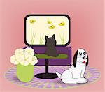 A small cat watching television, a large white and black dog, and a green flower pot with yellow flowers.