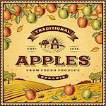 Vintage apples label with landscape in woodcut style. Editable EPS10 vector illustration with clipping mask and transparency.