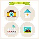 Flat Nature Outdoor Website Icons Set. Vector Illustration. Flat Circle Icons for web. Travel and Vacation. Summer Holidays. Collection of Garden and Landscape Colorful Objects.