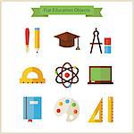 Flat School and Education Objects Set. Vector Illustration. Collection of Knowledge Objects Isolated over white. Science and Learning. Back to School Concept