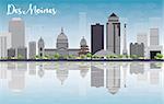 Des Moines Skyline with Grey Buildings, Blue Sky and reflections. Vector Illustration