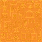 Thin Summer Holiday Line Vacation Resort Seamless Orange Pattern. Vector Travel Design and Seamless Background in Trendy Modern Line Style. Thin Outline Art
