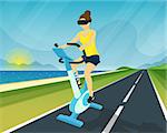 Happy woman is riding exercise bike through the scenic views using head-mounted device for virtual reality simulation