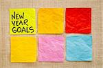 New Year goals - handwriting on a sticky note against canvas with blank notes