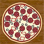 Salami pizza on wooden table background