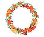 Round festive wreath with fruits and leaves.  For season design, announcements, postcards, posters.