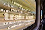 train travel word cloud against blurred  landscape as seen from a  train window in motion - trip concept
