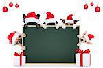 row and group of different santa claus dogs behind an empty blank banner , placard or blackboard, for christmas holidays isolated on white background