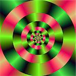 A digital abstract fractal image with a concentric ring design in pink and green.