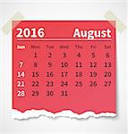 Calendar august 2016 colorful torn paper. Vector illustration