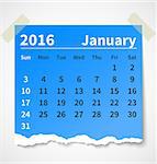 Calendar january 2016 colorful torn paper. Vector illustration