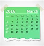 Calendar march 2016 colorful torn paper. Vector illustration