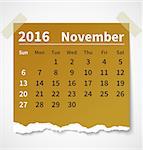 Calendar november 2016 colorful torn paper. Vector illustration