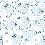 Christmas Stockings for Gifts Decorated with Blue Snowflakes, Seamless Background, Symbol Pictograms.