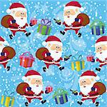 Christmass Seamless Illustration, Cartoon Santa Clauses Walking with Gift Boxes or Titmouse on Abstract Blue Background with Confetti and Patterns