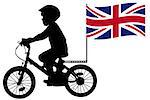 A kid silhouette rides a bicycle with United Kingdomflag