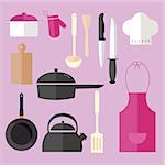 cooking icon set object in pink kitchen chef hat apron pan knife pot fork vector