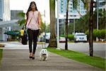 Young business woman with suitcase walking to office with her little dog early morning. The pet is a puppy maltes mixed with french poodle. Concept of animal lovers and modern business lifestyle.