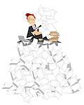Businessman sits at the table on the high pile of documents