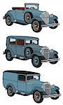 Hand drawing of three vintage blue cars - any real models