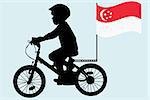 A kid silhouette rides a bicycle with Singapore  flag