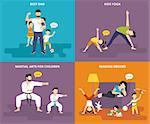 Family with children people concept flat icons set of best dad, mom doing yoga with kid, father with son doing martial arts exercise and tired babysitter reading ebook on the sofa with playful kids