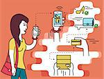 Infographic flat illustration of online shopping. Contour woman holds in her hand white smartphone with e-commerce mobile app and purchasing shoes and fashion bag.