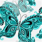 Spring seamless white pattern with turquoise vintage butterflies. Vector eps 10