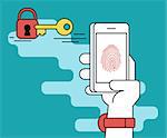 Illustration of identification of fingerprint on smartphone. Human line contour hand holds a smartphone and doing fingerprint scanning process to get access