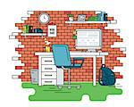 Flat line contour illustration of student workplace organization. Empty room interior with red brick wall, bookshelfs, work desk with computer, chair , school bag and green carpet. Isolated background